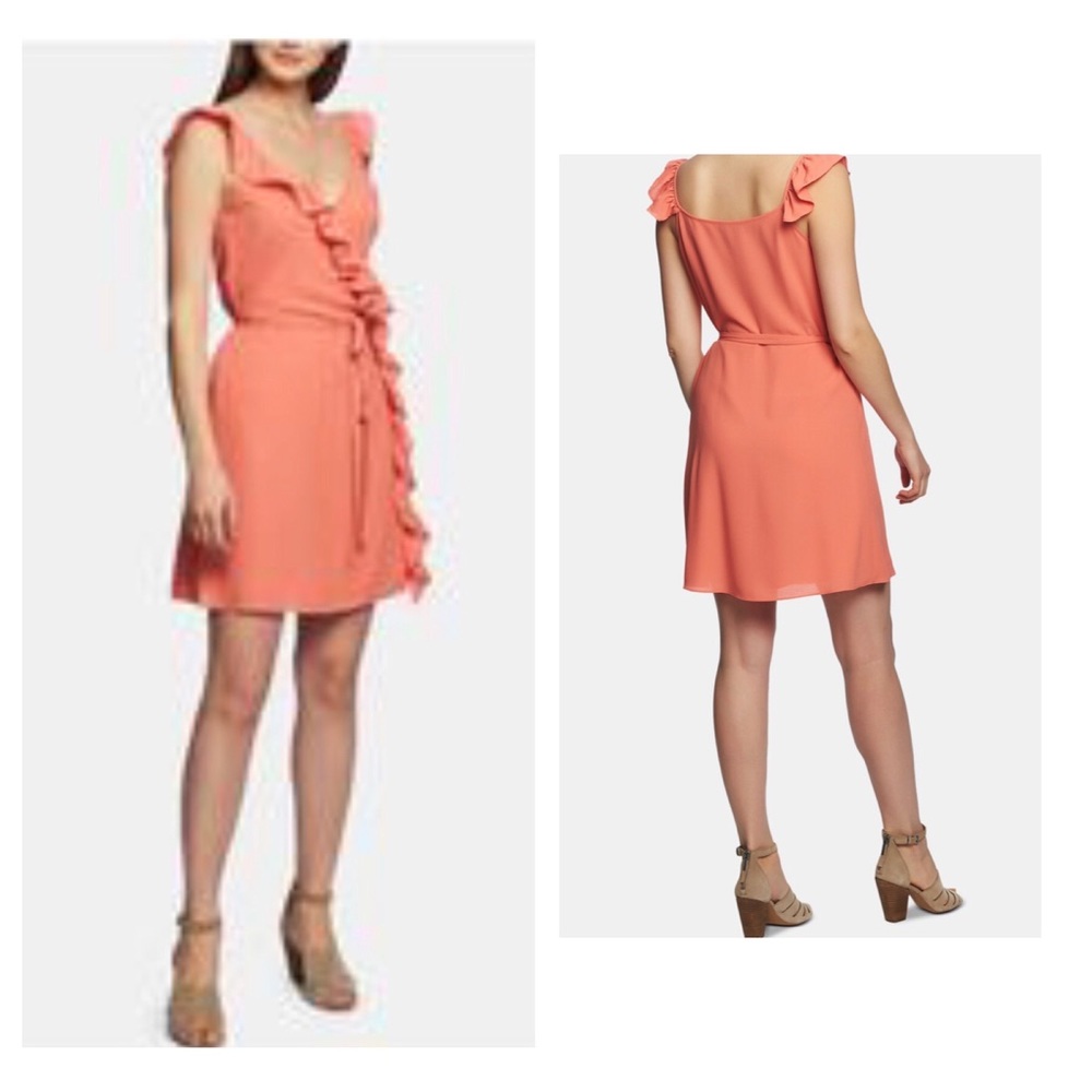1. STATE Womens Coral Ruffled Sleeveless V Neck Above The Knee Party Wrap Dress